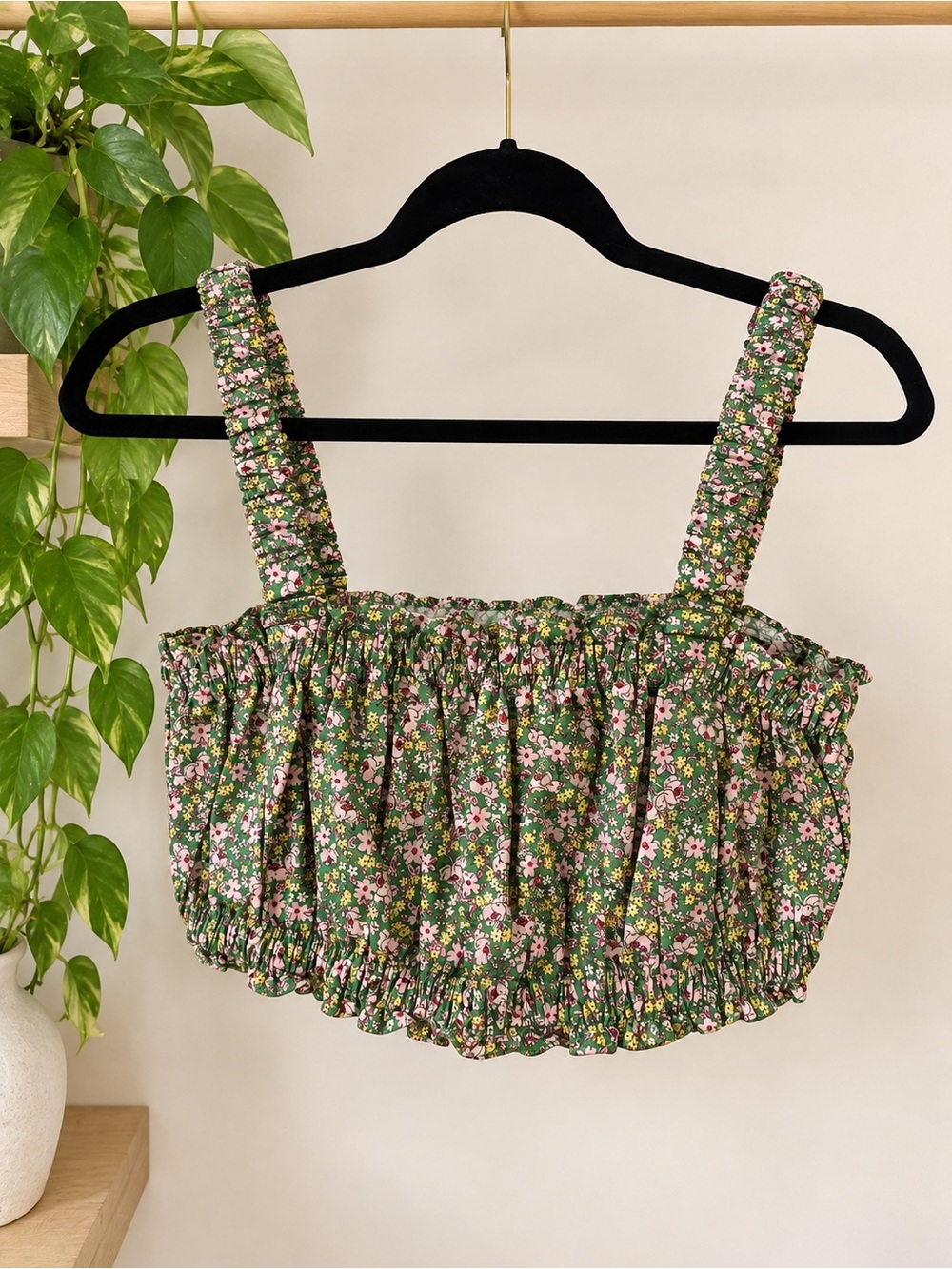 Zara Green Floral 100% Cotton Ruched Crop Top Size M